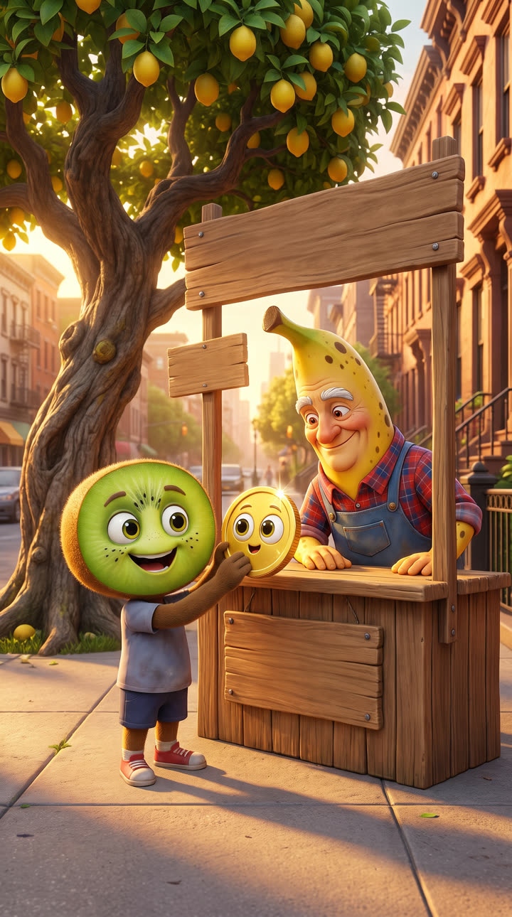 Kiwi holds up a gold lemon at Grandpa Banana's lemonade stand